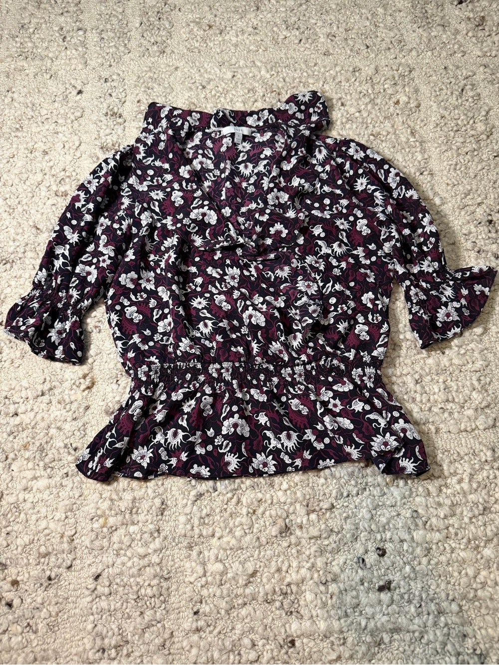 Joie Plum and White Floral Smocked Peplum Blouse